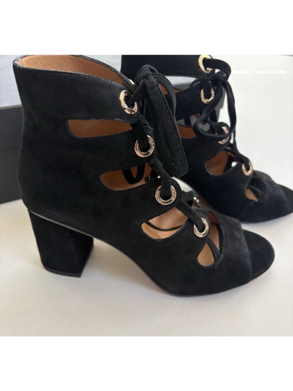 New Coach Women’s 5M Priscilla Lux Black Suede Lace Up Open Toe Sandals 3” Heels - Picture 2 of 14